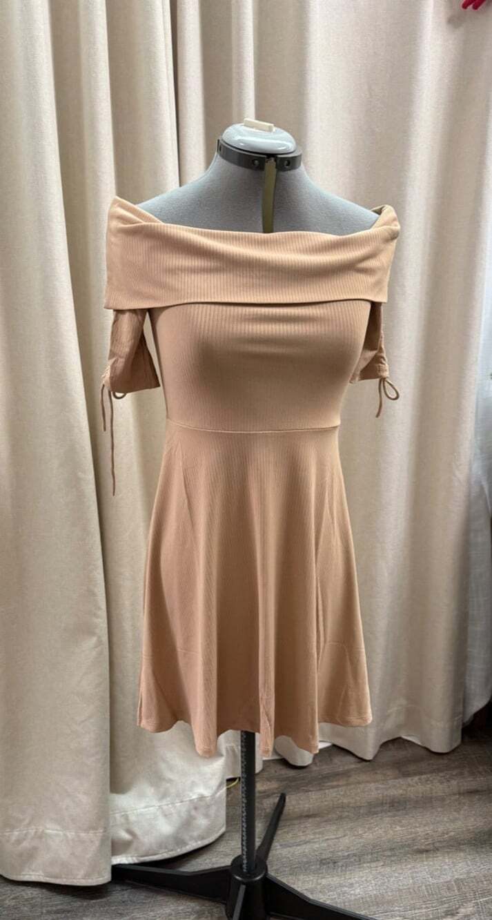 Hayden Size Small Fit & Flare Dress, Knee Length, Off Shoulder, Khaki NWT